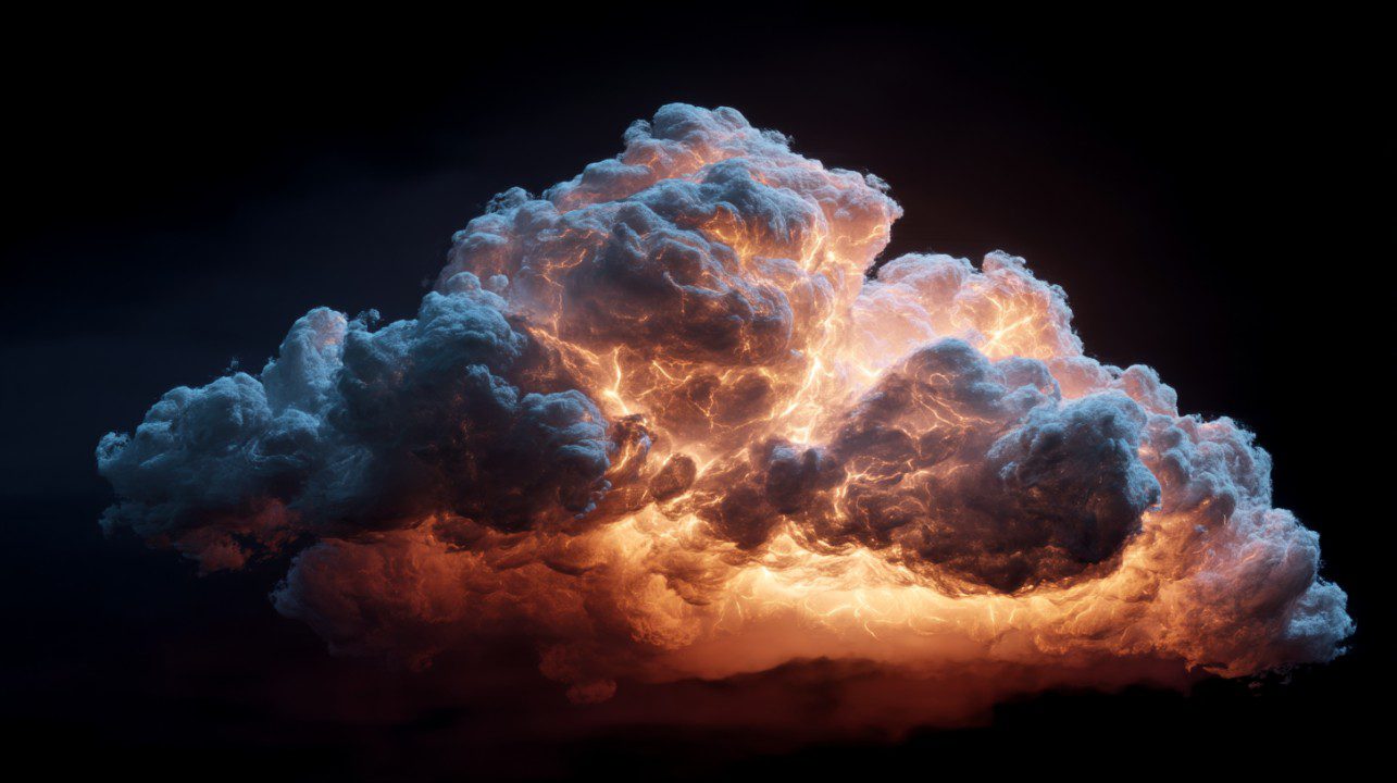 Electrified cloud glowing with orange and blue lightning on a black background, perfect for science or dramatic concept visuals.