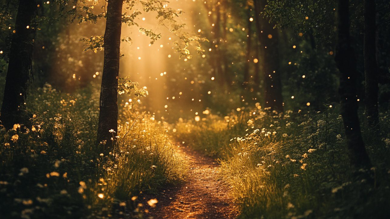 Magical forest path illuminated by golden hour sunlight and glowing fireflies, surrounded by lush greenery and wildflowers.