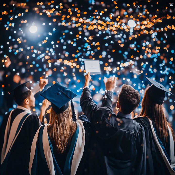 A group of graduates in caps and gowns celebrating under confetti and lights, capturing the joy of academic achievement and success.
