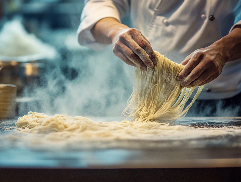 A chef skillfully pulling fresh noodles by hand on a floured counter with steam and motion, highlighting traditional cooking techniques.