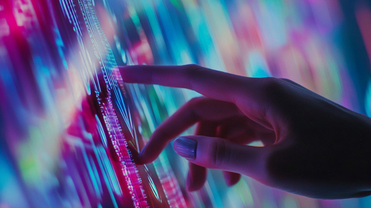 Close-up of a hand interacting with a colorful holographic touchscreen, symbolizing futuristic tech, innovation, and digital interfaces.