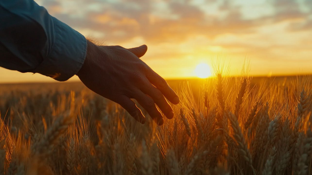 Close-up of a hand gently touching wheat stalks in a golden field during sunset, evoking peace, nature, and rural life.