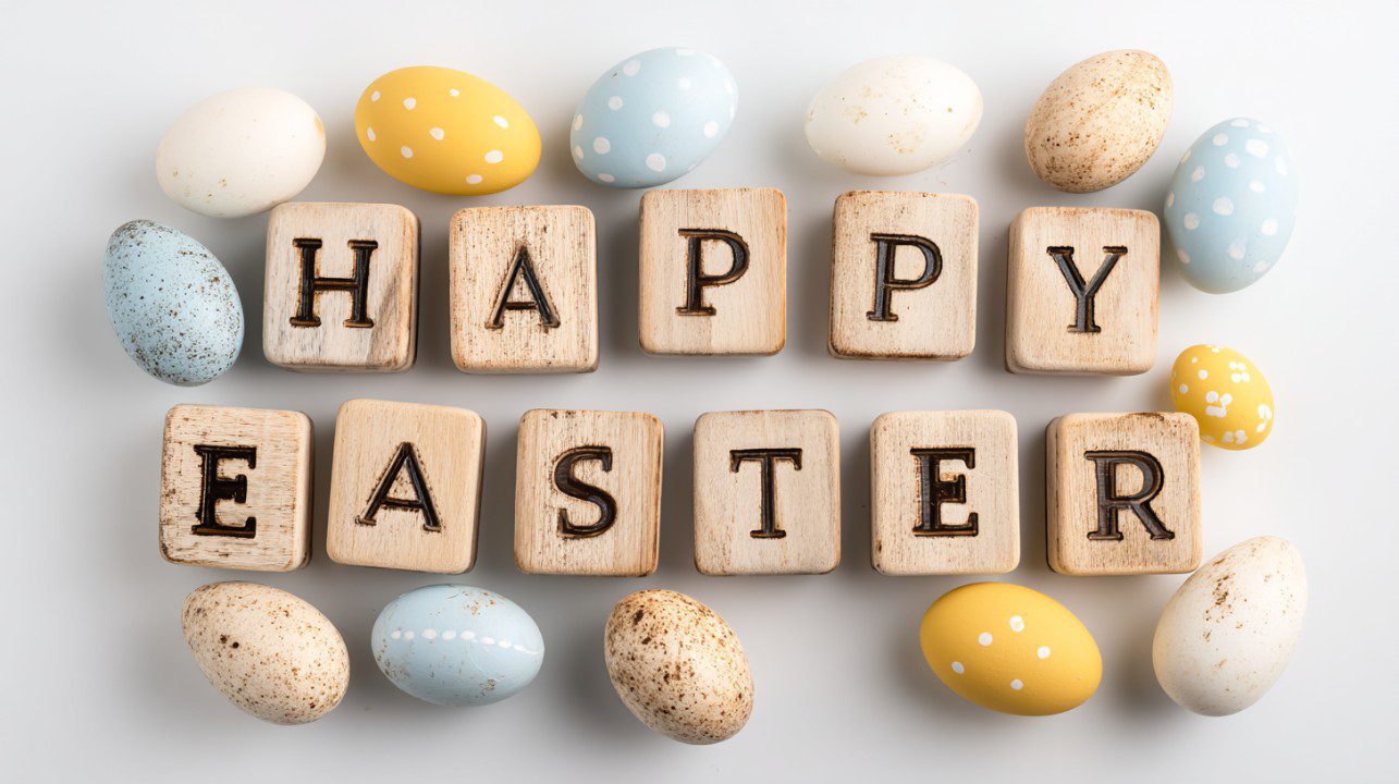 Wooden blocks spelling “Happy Easter” surrounded by pastel speckled and polka-dot eggs on a white background.