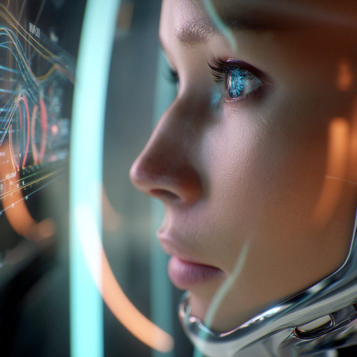 Close-up cinematic portrait of a humanoid AI observing and analyzing a futuristic digital interface with glowing blue eyes and cybernetic features.