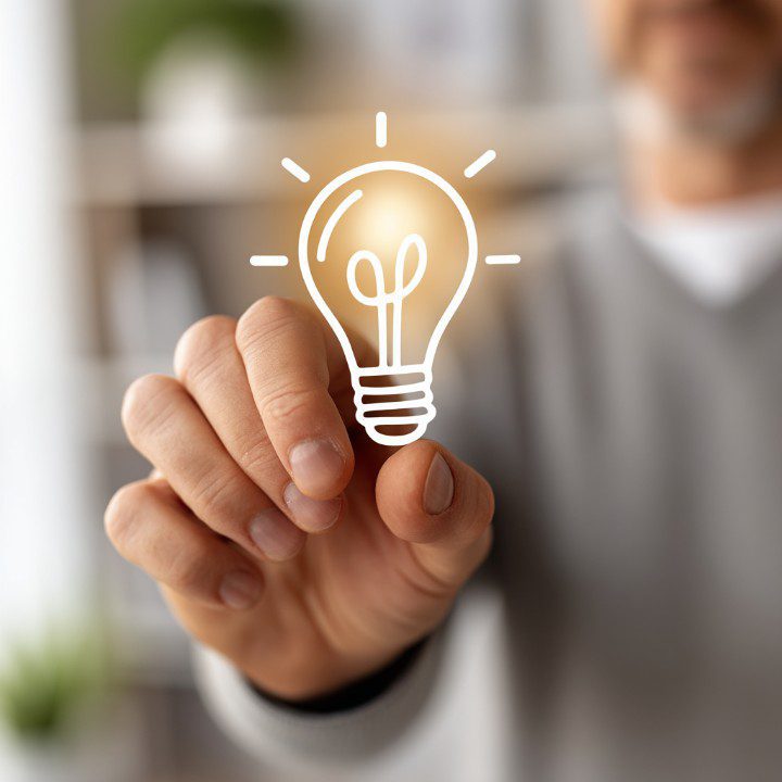 Hand holding a glowing light bulb icon representing an innovative idea or creative inspiration.