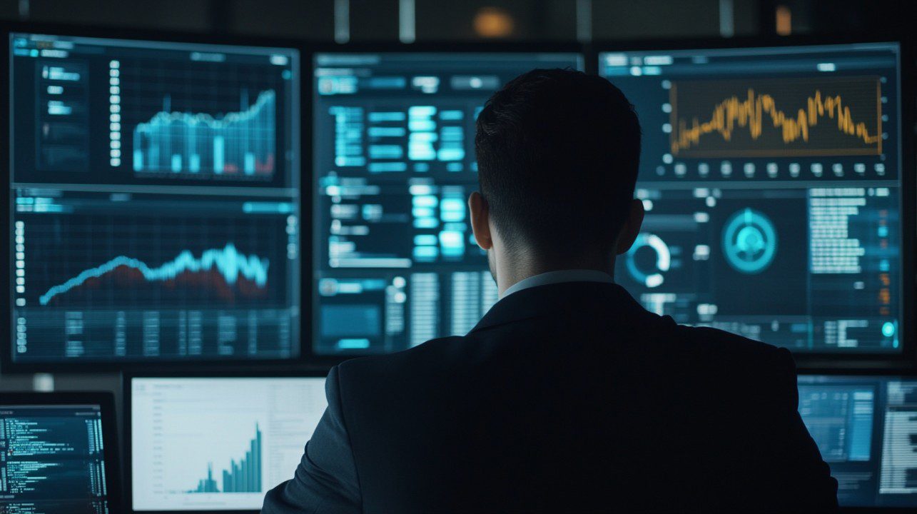 A businessman in a suit analyzing multiple digital screens displaying KPI charts and data analytics in a high-tech office environment.