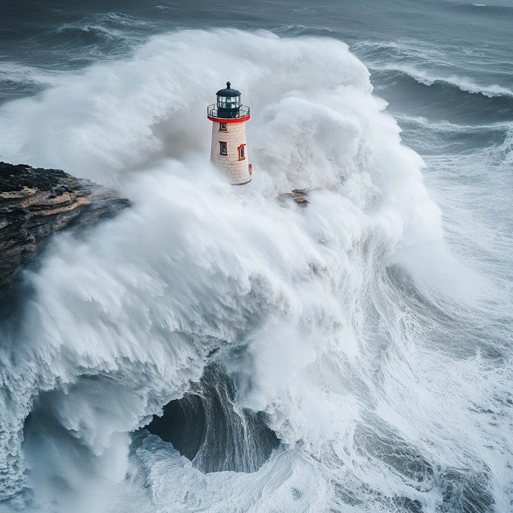 A tall lighthouse stands firm as massive ocean waves crash and engulf it in a dramatic coastal storm scene.