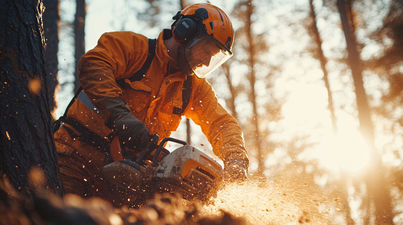 Professional logger cutting tree with chainsaw in a forest, wearing safety gear, with sunlight and wood chips flying mid-action.