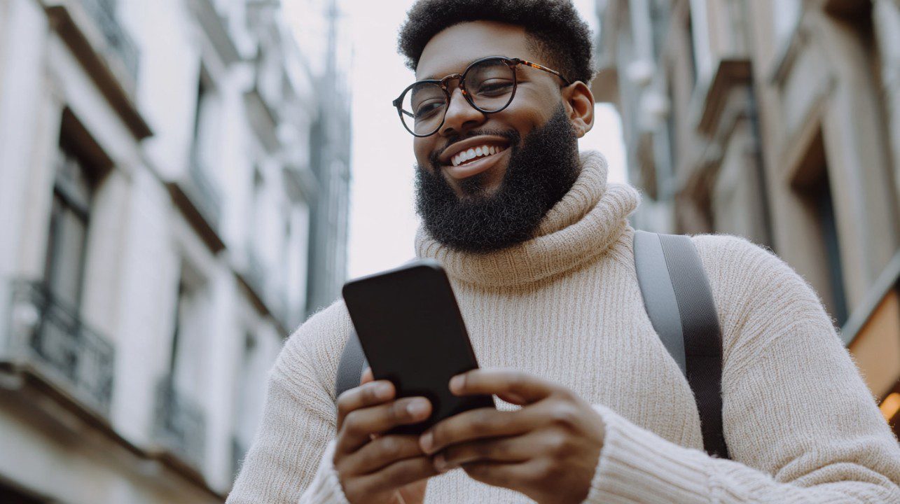 Smiling man in glasses and sweater uses his smartphone on a bright urban street, representing modern digital lifestyle.