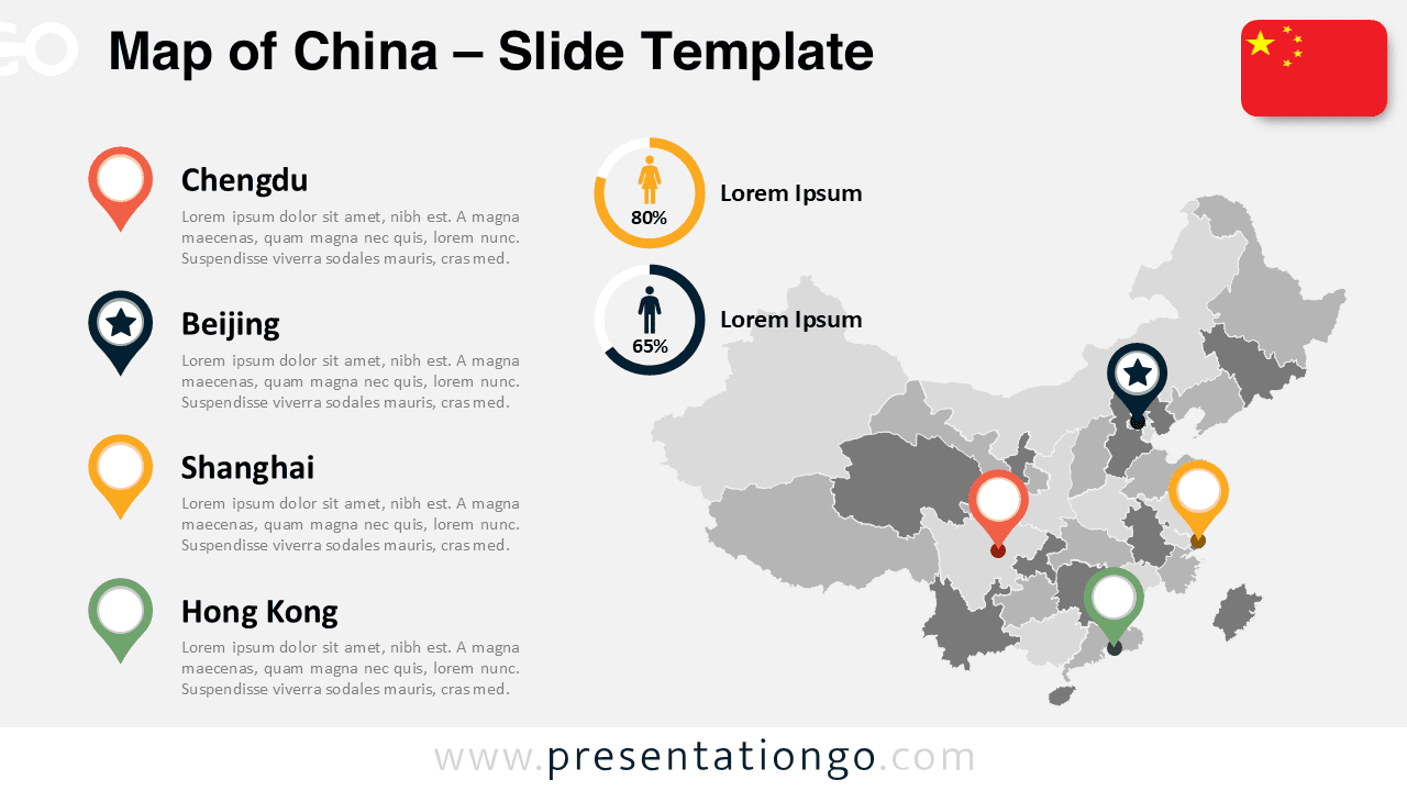 Light background China map slide for PowerPoint and Google Slides with editable provinces, city markers, and demographic visuals.