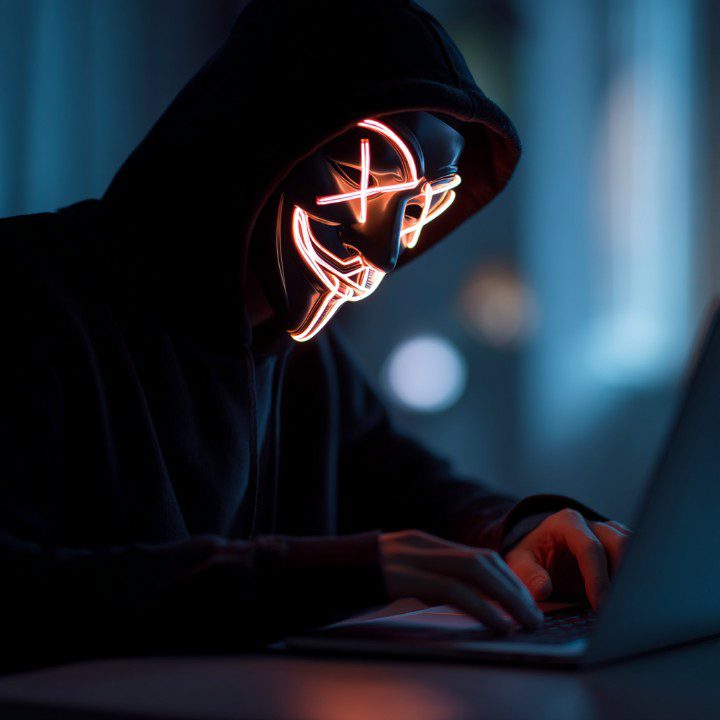 Hooded figure in glowing neon mask types on laptop in dark room, representing themes of hacking, anonymity, and cybersecurity.