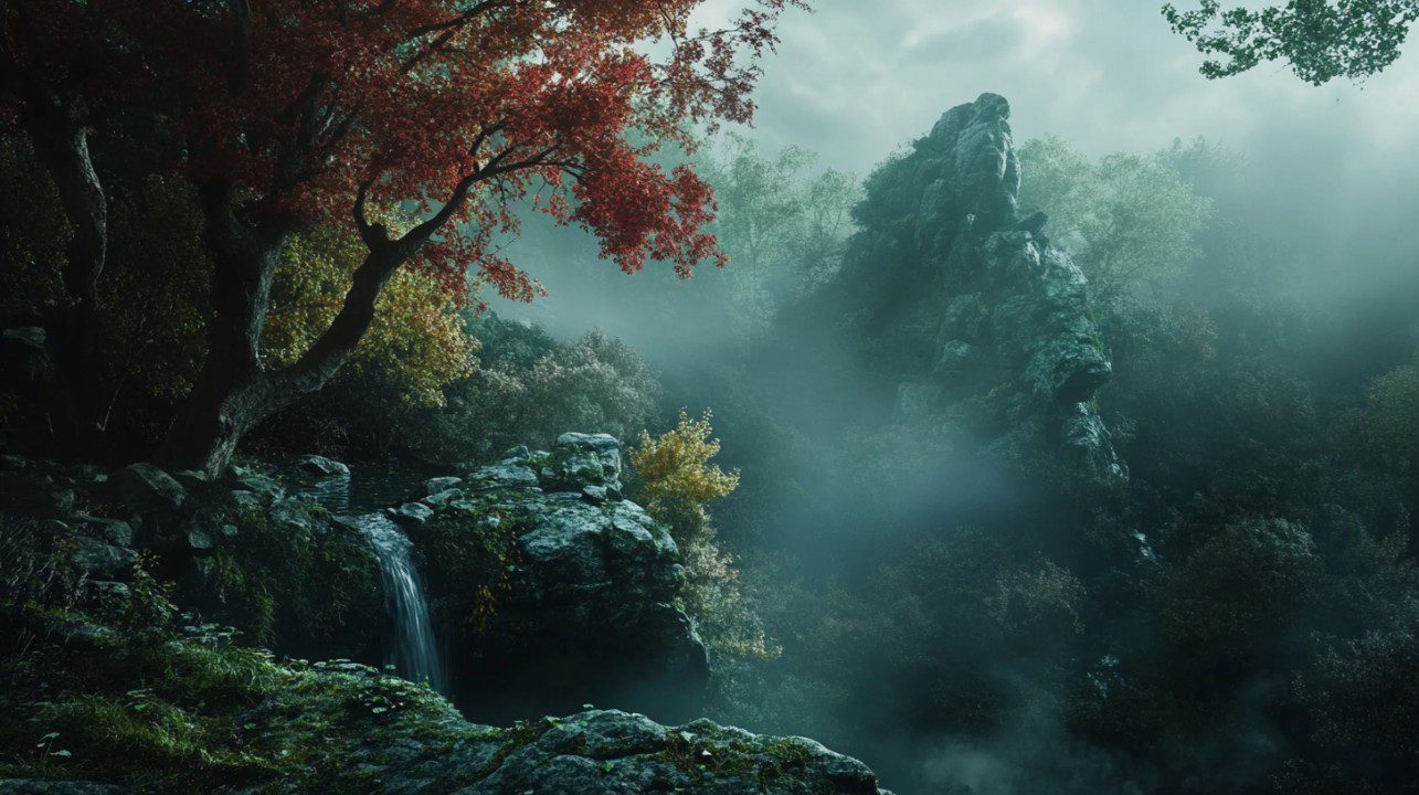 A peaceful forest with mist and a waterfall flowing over rocks beneath trees with red and yellow autumn leaves.