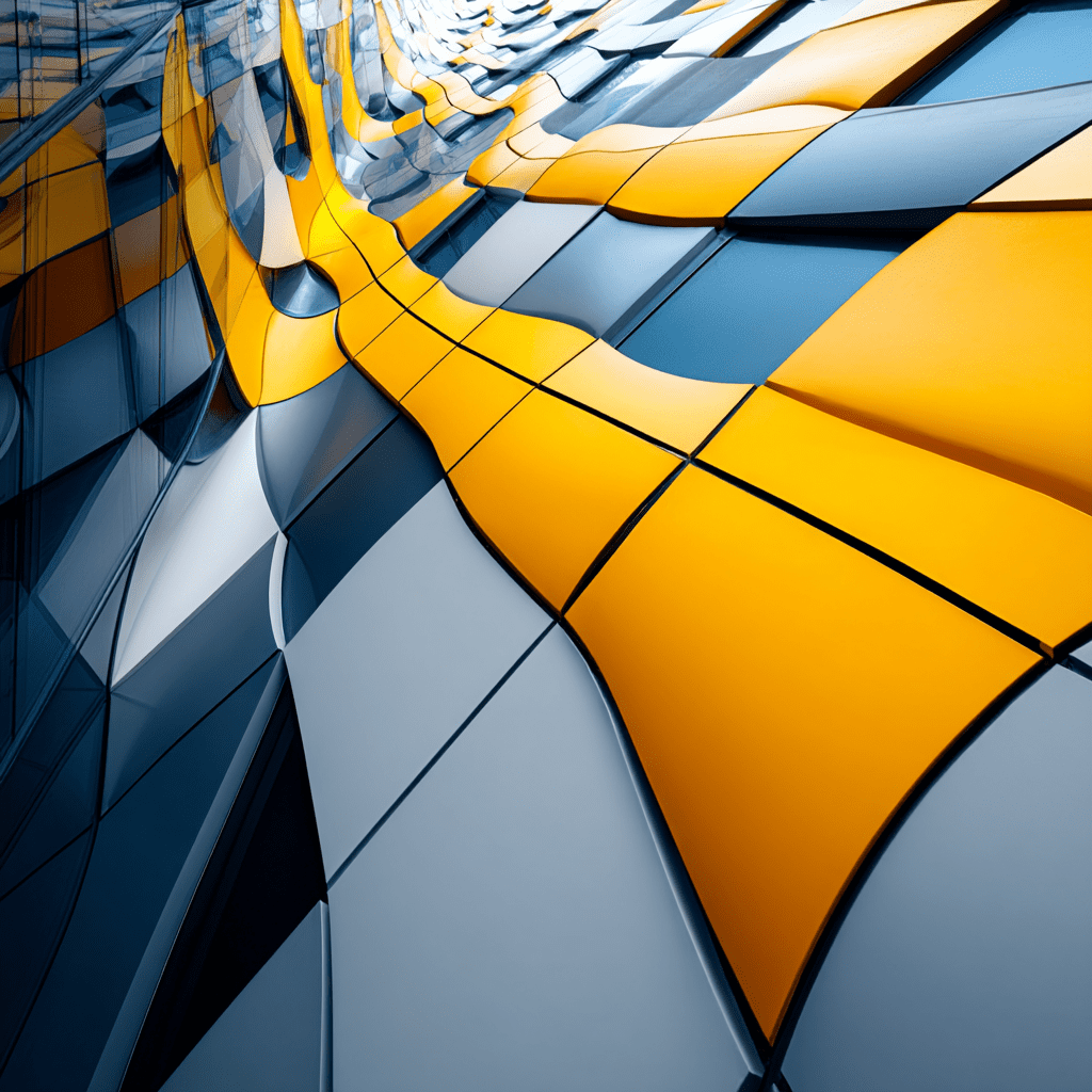 Abstract architecture facade with flowing yellow, blue, and gray geometric panels, illustrating modern design and creative structure.