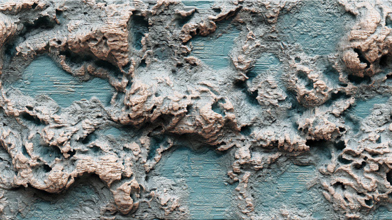 A detailed, rough mold texture spread across a teal surface, ideal for use in grunge design, texture mapping, or abstract visuals.