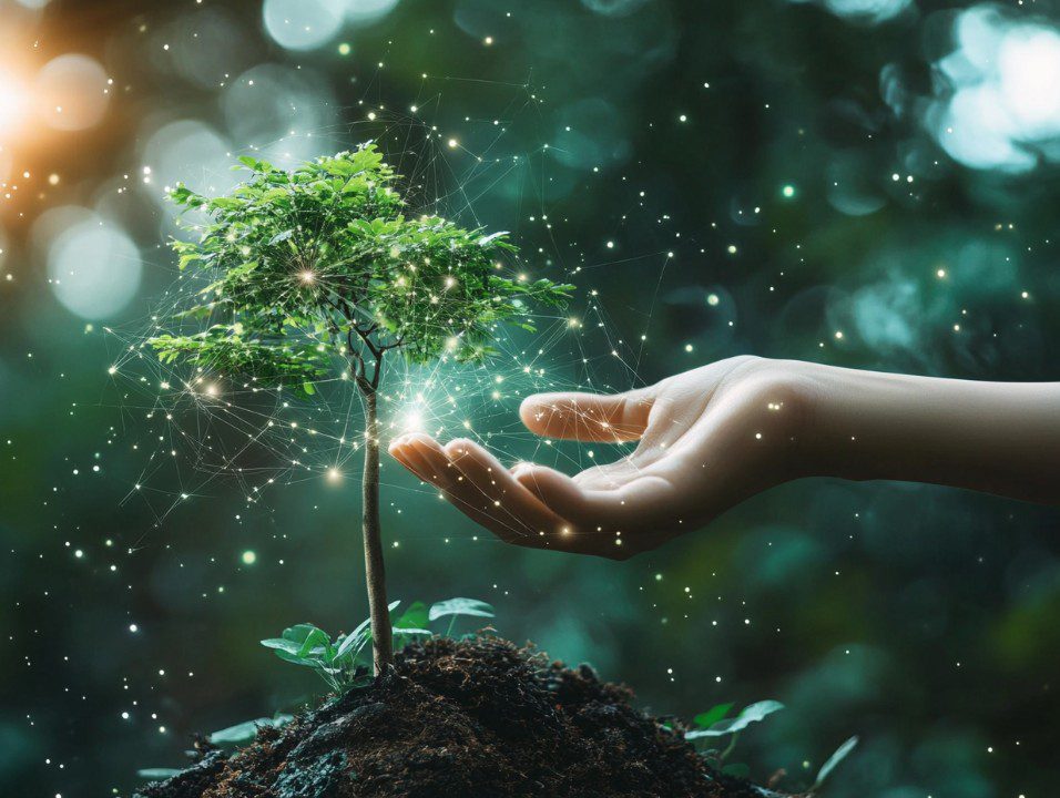 A hand gently touches a glowing, digital-effect tree growing from soil, representing the fusion of nature and futuristic technology.