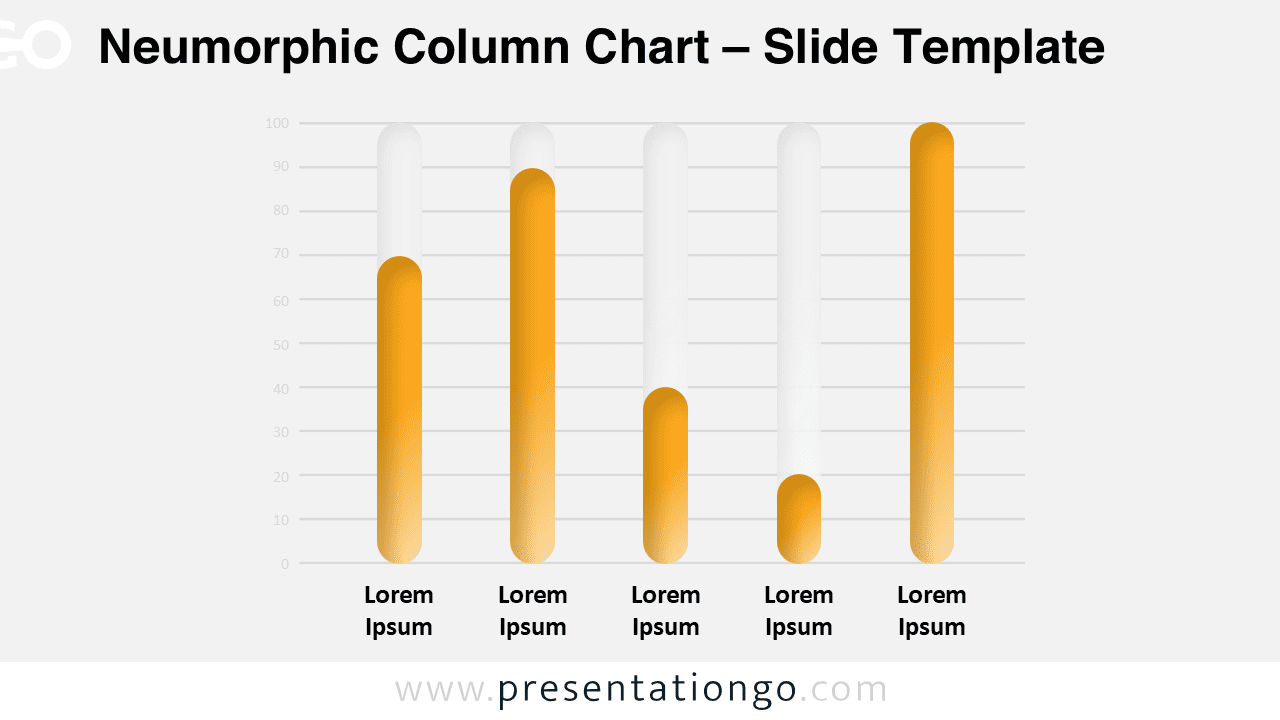 Light-themed 5-step neumorphic column chart template for PowerPoint and Google Slides with resizable visual bars and labels.