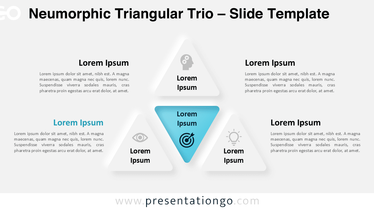Neumorphic triangular diagram with light background, featuring three labeled icons and six text boxes for Google Slides and PowerPoint.
