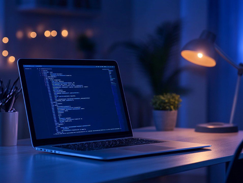 A laptop displaying code in a modern, cozy night workspace with warm lighting and a minimal desk setup.