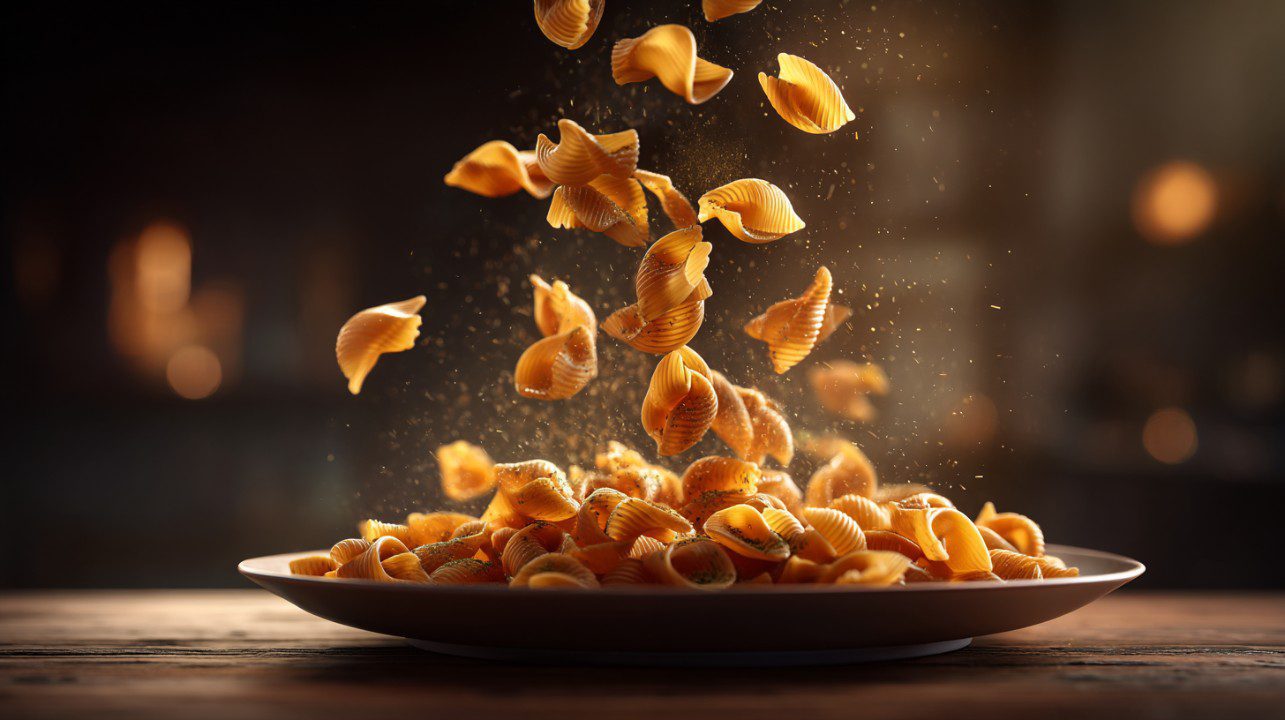 Golden pasta shells falling onto a plate in a cozy kitchen setting, with dramatic lighting and warm tones—perfect for food promotion visuals.