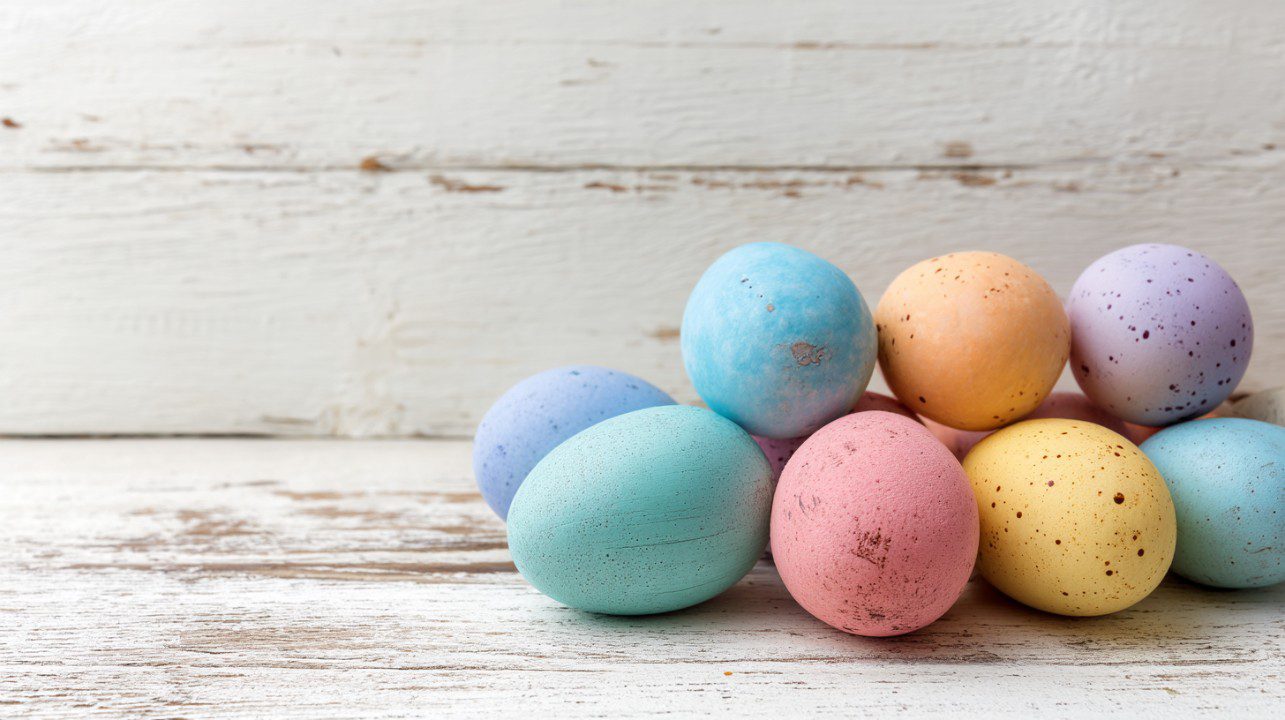 A group of pastel-colored Easter eggs arranged on a weathered white wooden surface, creating a rustic and minimalist holiday aesthetic.