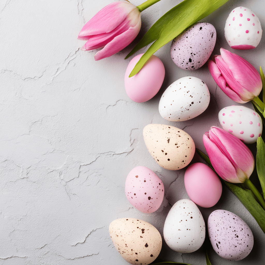 Flat lay of pastel-colored Easter eggs with pink tulips on a light gray background, styled for seasonal and holiday-themed content.