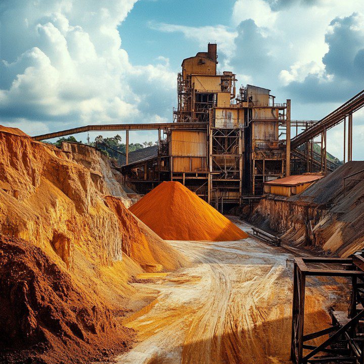 A phosphate processing plant surrounded by large piles of orange and brown minerals under a partly cloudy sky.