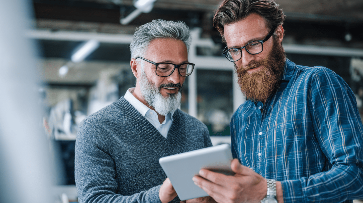 Two mature professionals reviewing content on a digital tablet in a modern office setting, representing teamwork and technology.