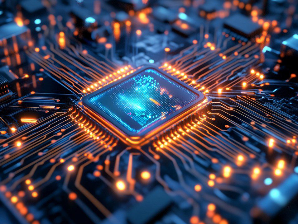 A glowing blue and orange quantum processor integrated into a detailed circuit board, symbolizing advanced computing technology.