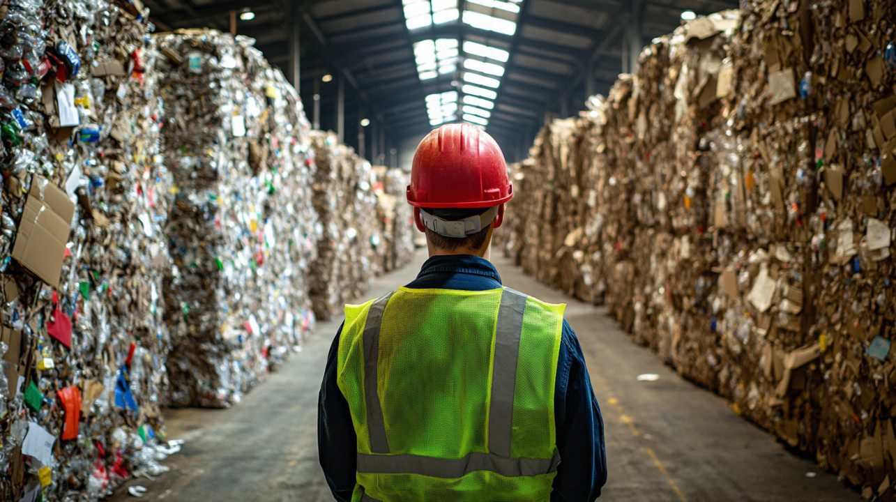 Man wearing a red hard hat and safety vest standing in a recycling facility, surrounded by large stacks of compressed recyclable materials.
