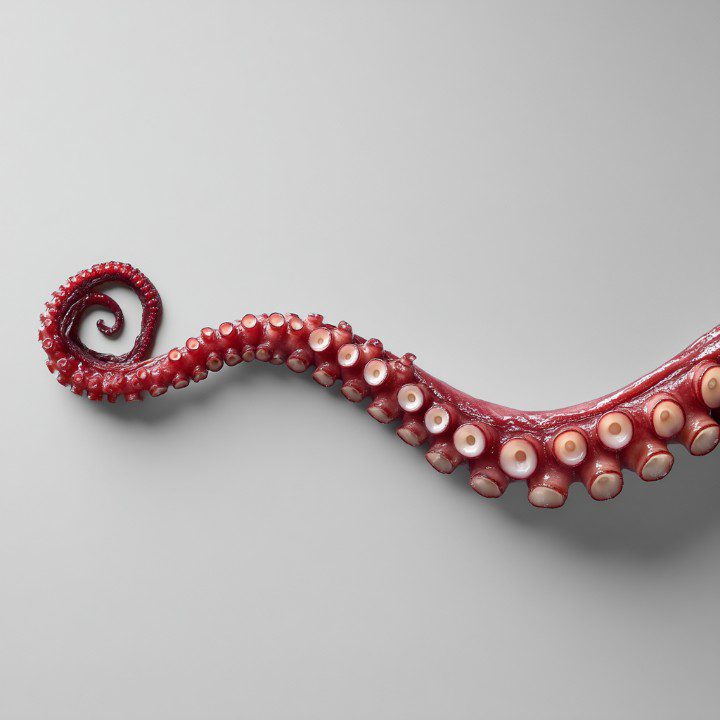 A red octopus tentacle with visible suction cups curled on a smooth gray surface, perfect for marine or food-themed visuals.