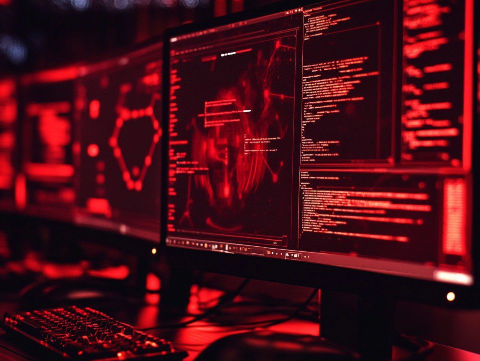 A cybersecurity workstation with multiple red-lit monitors displaying code and threat data, representing red team cyber defense operations.