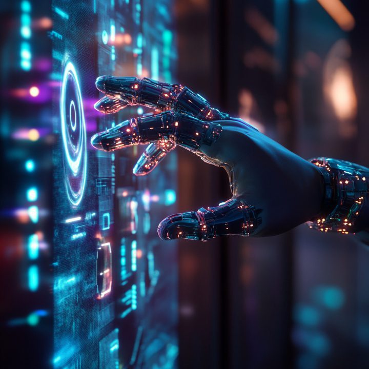 Cybernetic robotic hand reaching for a glowing virtual interface, representing AI interaction, futuristic technology, and the metaverse.