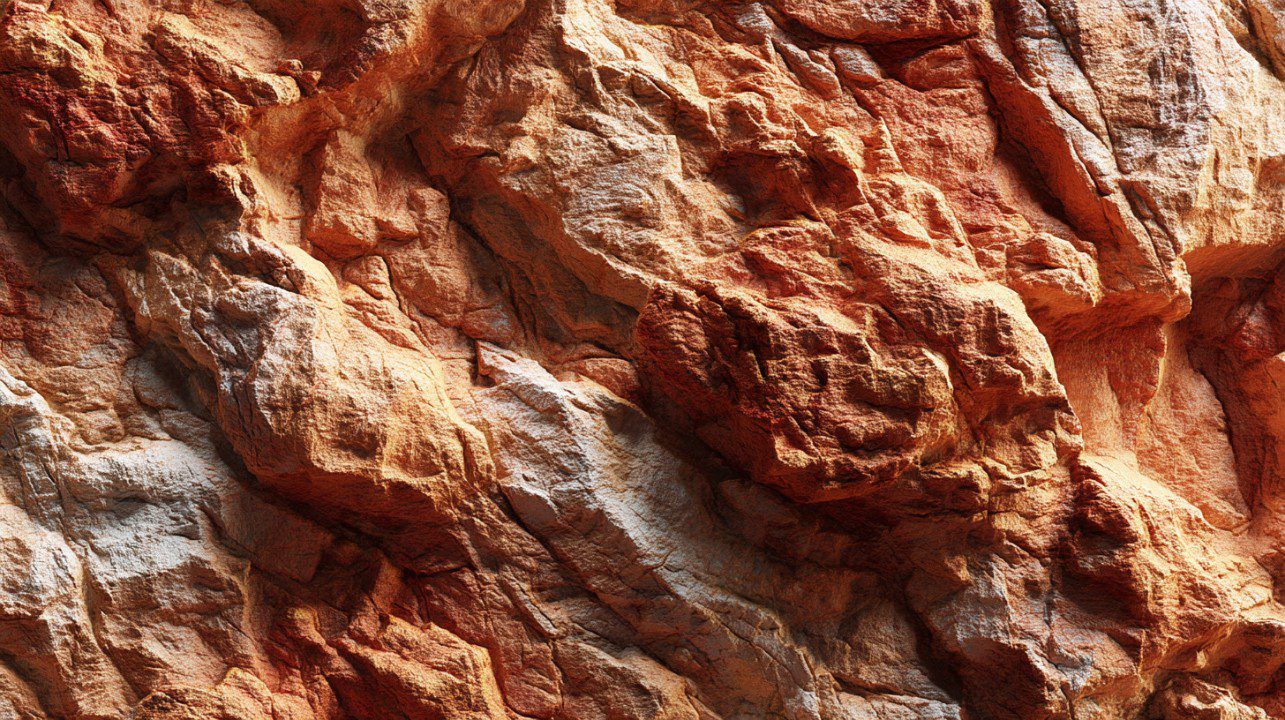 Detailed rugged rock surface with deep textures and warm brown, red, and orange hues, ideal for geology and natural backgrounds.
