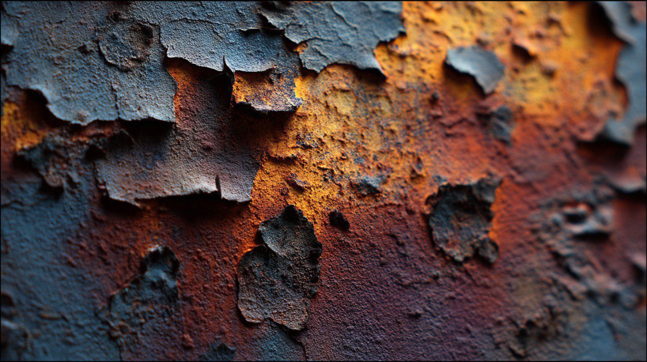 Close-up of a rusted metal surface with peeling layers of paint in orange, red, and blue tones, showing corrosion and decay textures.