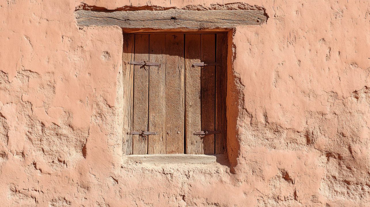 Weathered wooden window set in a rough adobe wall, showcasing rustic charm and traditional architecture.