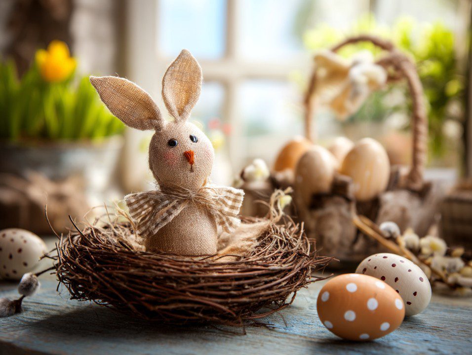 A rustic fabric Easter bunny with a bow sits in a twig nest surrounded by speckled eggs and spring decor in a cozy, sunlit setting.