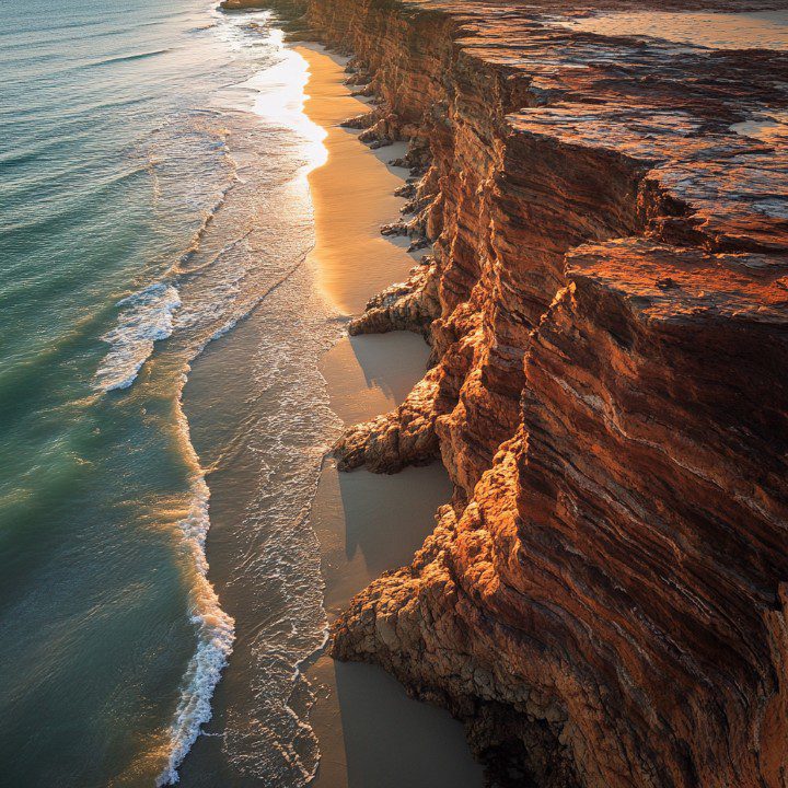Aerial image of sunlit sandstone cliffs meeting the ocean at sunset with golden light reflecting off the sand and water.