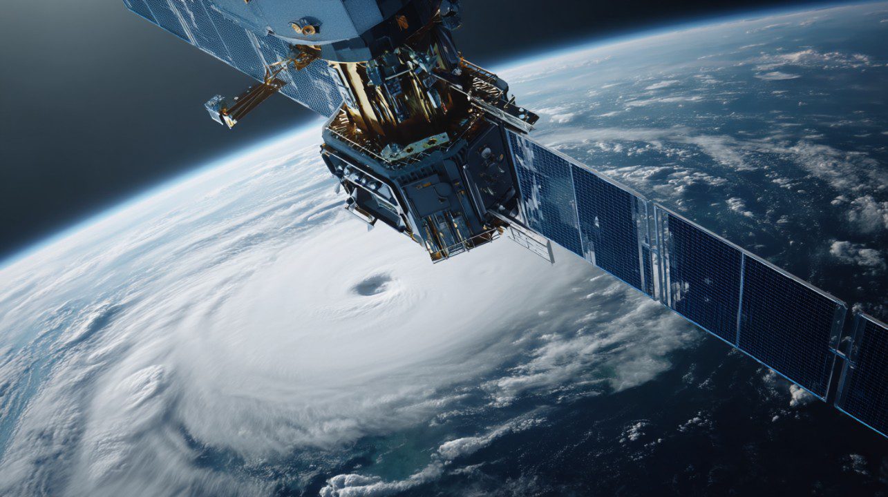 Close-up of satellite orbiting Earth while capturing a large hurricane swirling in the ocean below, representing weather and climate observation.