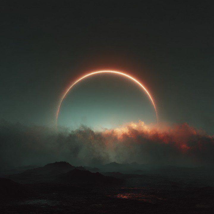 Surreal sci-fi artwork of a glowing eclipse over a dark, alien landscape with atmospheric mist and fiery clouds.