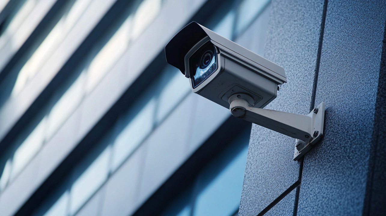 Close-up of a white surveillance camera installed on the exterior wall of a modern glass-panel commercial building.