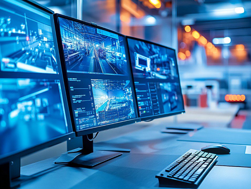 A modern security control room setup with multiple large digital screens showing surveillance footage and data dashboards.