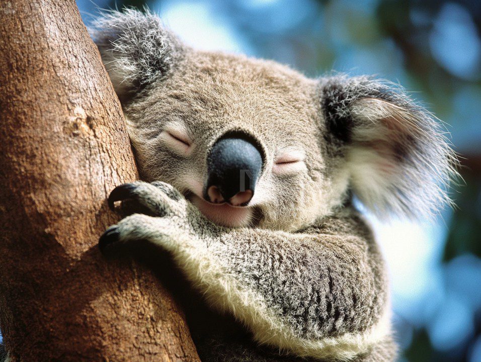 Close-up of a koala peacefully sleeping while hugging a tree trunk, capturing a moment of calm in nature.