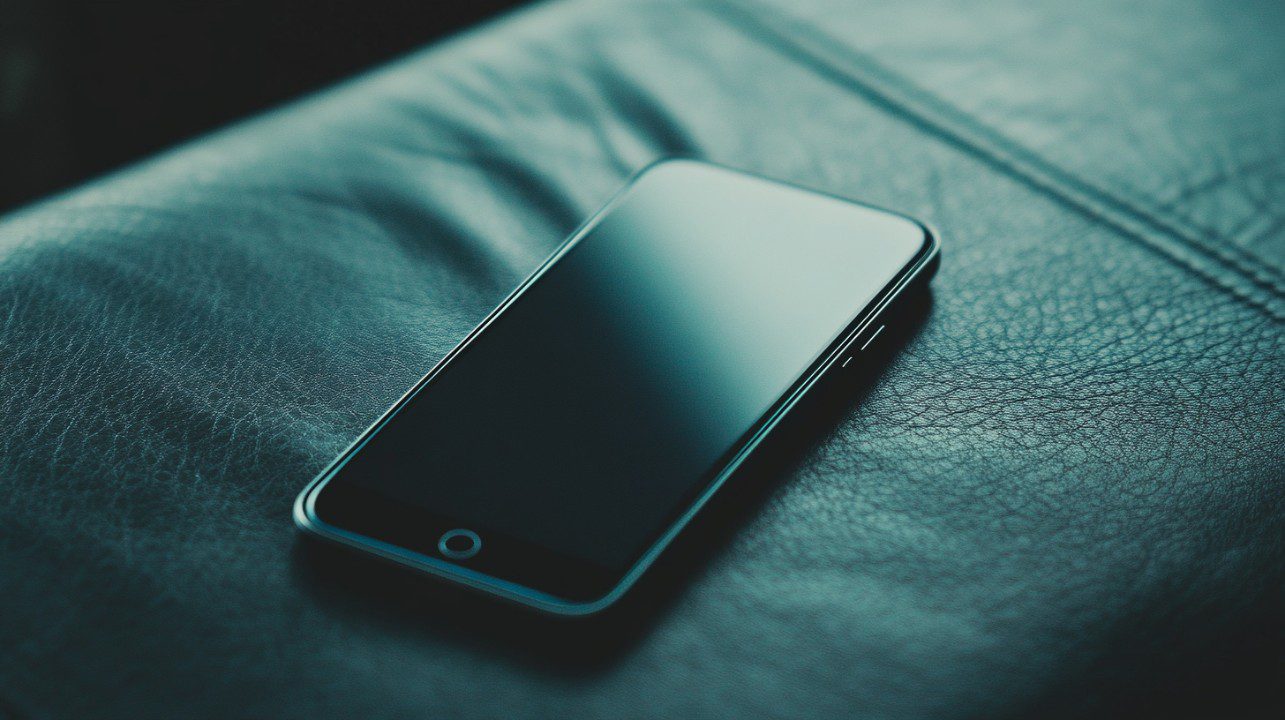 A modern smartphone lying face up on a dark teal leather surface, captured in soft lighting and minimalistic style.