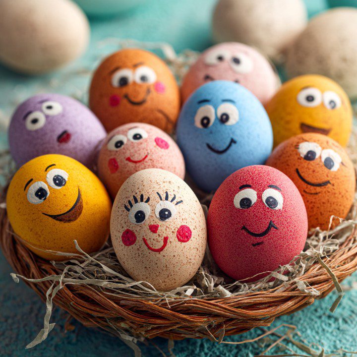 A group of brightly colored Easter eggs with happy smiley faces nestled in a straw nest on a turquoise surface.
