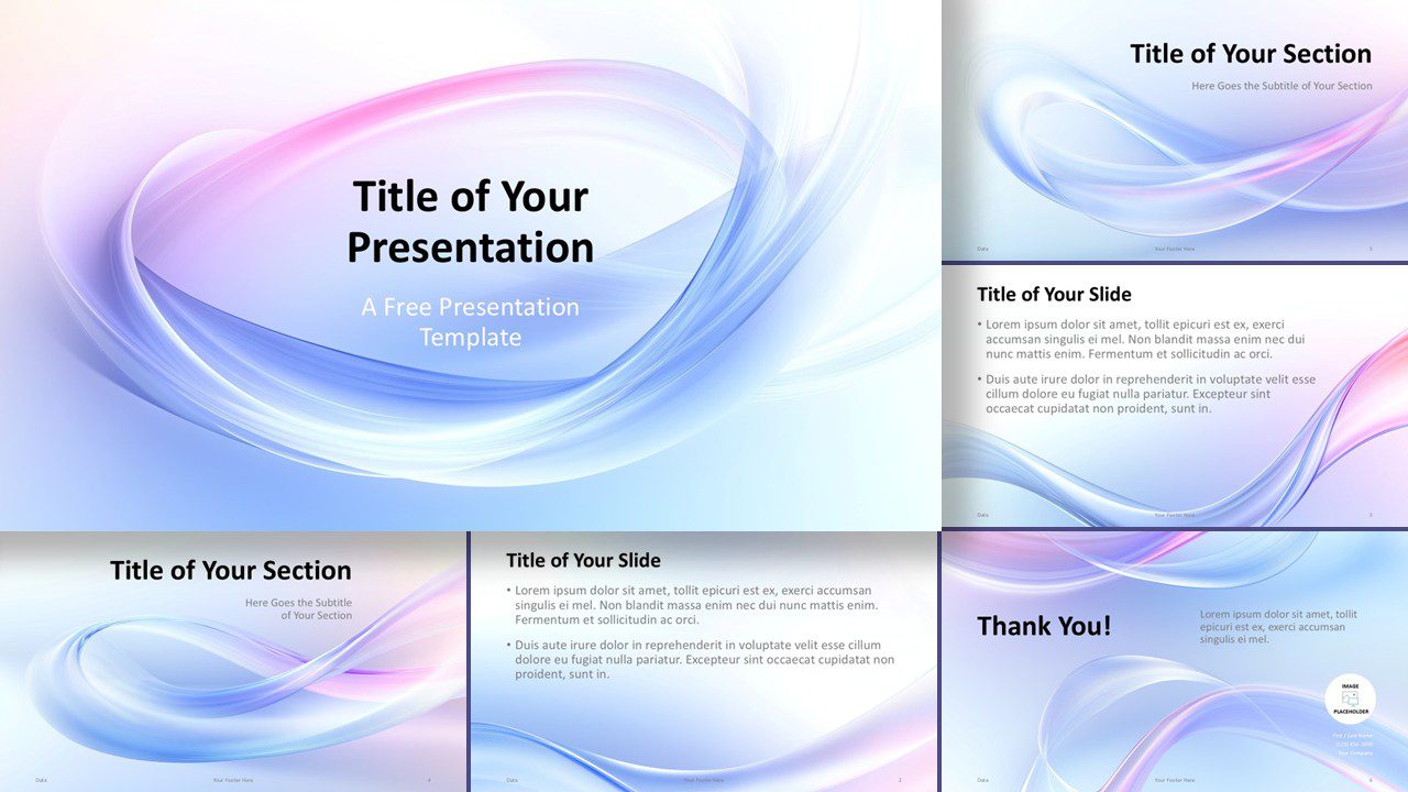 Full widescreen preview of the Soft Waves Template for PowerPoint and Google Slides with soft blue, purple, and pink wave designs.