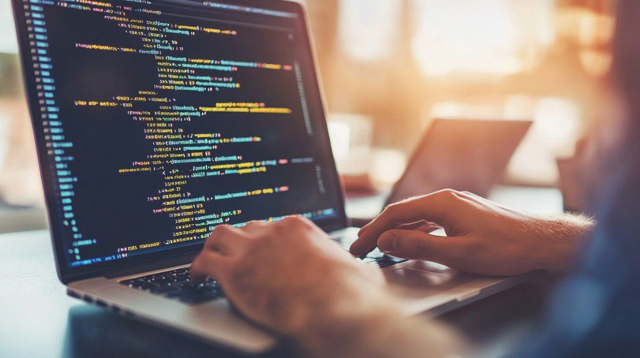 Close-up of a developer's hands coding on a laptop with colorful syntax on the screen, representing software development and tech work.