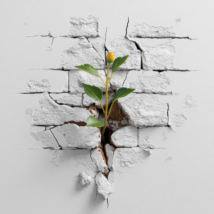 A golden sprout grows through a cracked white wall, symbolizing hope, strength, and resilience in a minimalistic visual.