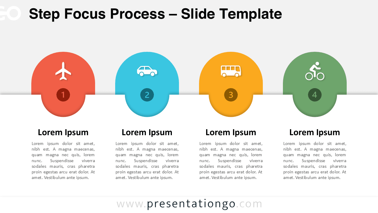 Widescreen Step Focus Process template for PowerPoint and Google Slides featuring four connected steps with bold icons on a light background.
