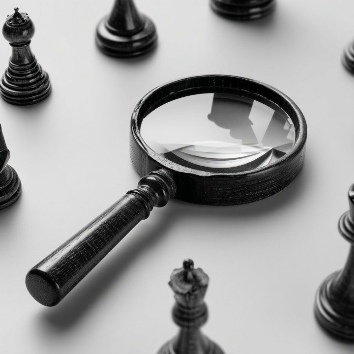 Conceptual flat lay image featuring a magnifying glass surrounded by chess pieces on a clean background, symbolizing analysis and strategy.