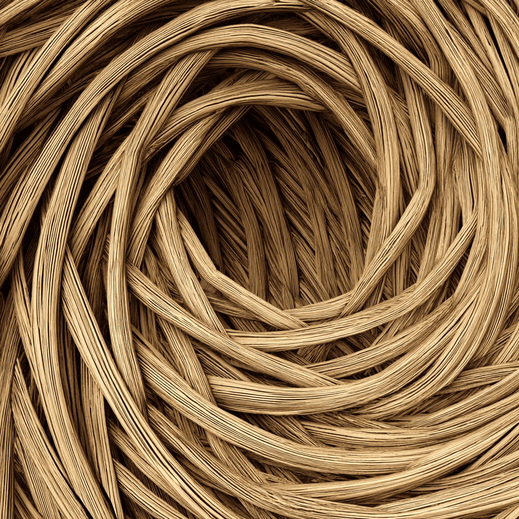 Close-up of a spiral-shaped straw wicker texture in beige tones, ideal for natural design and eco-friendly backgrounds.